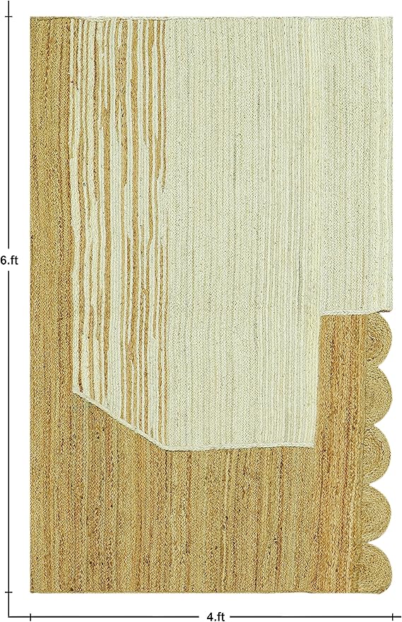 Scalloped Edge Rug, Hand Woven Natural Jute Area Rug, 8x10 Ft Beige & Brown Braided Sisal Kilim Rugs for Living Room, Kitchen, Entryway, Farmhouse