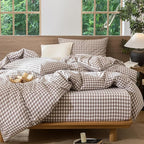 MooMee Gingham Duvet Cover Set 100% Washed Cotton Linen Like Textured Breathable Durable Soft Comfy Modern Checkered Design (Brown Gingham, Queen 90"x90")
