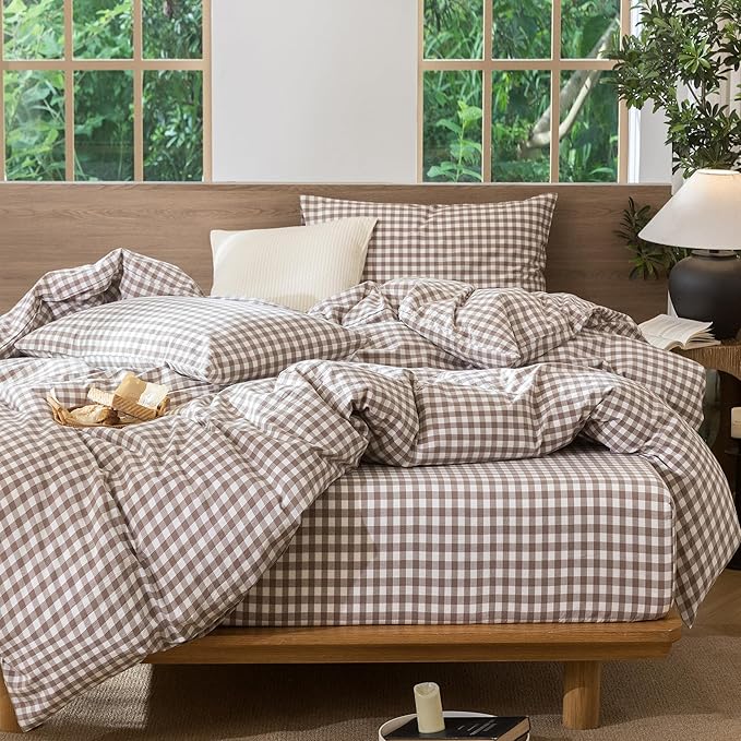 MooMee Gingham Duvet Cover Set 100% Washed Cotton Linen Like Textured Breathable Durable Soft Comfy Modern Checkered Design (Brown Gingham, Queen 90"x90")