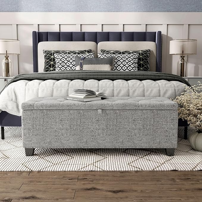 24/7 Shop at Home Sacallant Modern Linen Storage Bench with Button-Tufted Lift-Top, Upholstered Footstool, Rectangular Ottoman for Living Room, Bedroom, Entryway, Light Grey