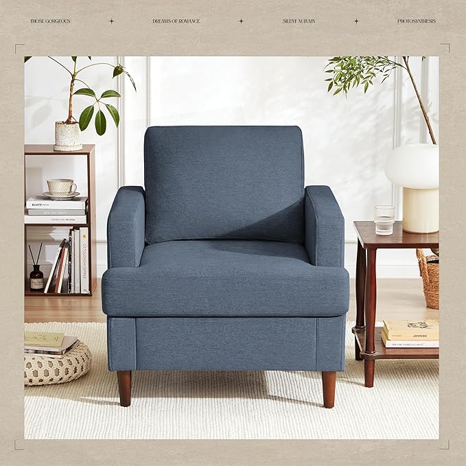 Mid-Century Accent Chair, Comfy Upholstered Reading Accent Chairs for Bedroom, Modern Linen Fabric Armchair for Living Room, Single Sofa Chair with Wood Legs (Blue Grey, 2 Pack)