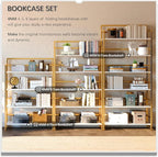 4NM No Assembly Extra Wide 4 Tiers Folding Bookshelf Storage Shelves Vintage Bookcase Standing Racks Study Organizer Home Office (White Gold)