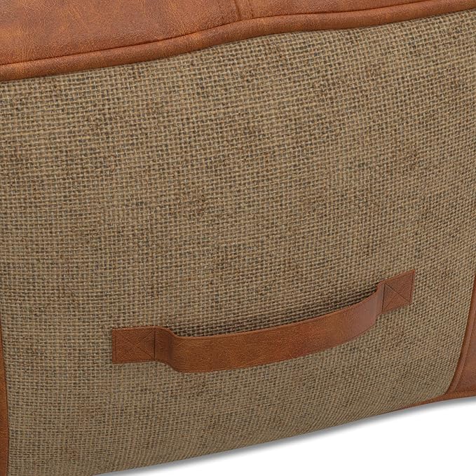 SIMPLIHOME Atkinson Boho Square Pouf in Tan Genuine Leather for the Living Room, Bedroom and Kids Room