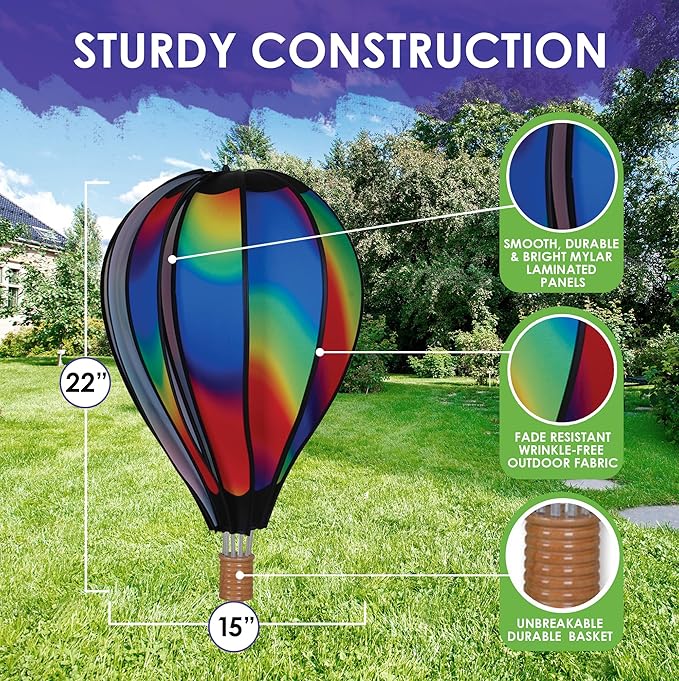 Hot Air Balloon Hanging Garden Spinner 22" - Vibrant Wavy Gradient Design, Weather-Resistant Outdoor Decor, Durable & Lightweight for Patios, Yards, and Gardens - Eye-Catching Wind Spinner