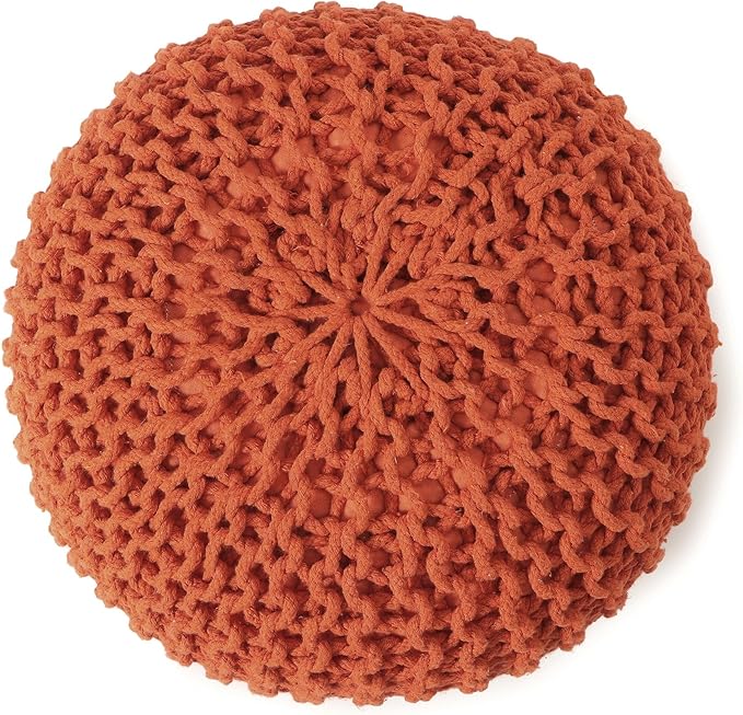 REDEARTH · Round Pouf Ottoman - Hand Knitted Cable Boho Poof - Pouffe Circular Footrest for Living Room - Bedroom - Patio - 100% Cotton (19.5"x19.5"x14") - Burnt Orange, Set of 2