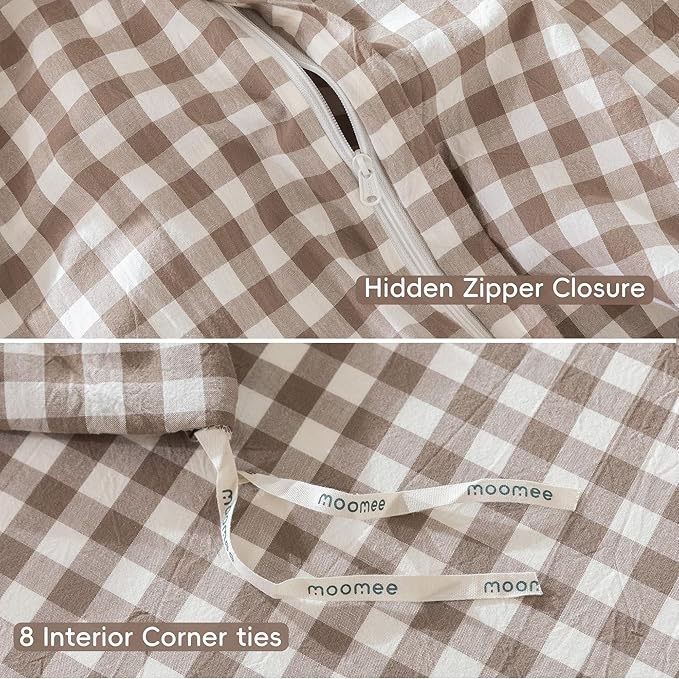 MooMee Gingham Duvet Cover Set 100% Washed Cotton Linen Like Textured Breathable Durable Soft Comfy Modern Checkered Design (Brown Gingham, Full 80"x90")