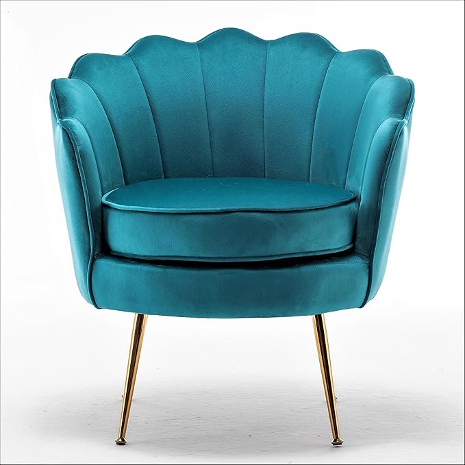 Velvet Barrel Accent Chair with Scalloped Silhouette and Gold Metal Legs, Decorative Piece Suitable for Traditional, Modern, and Contemporary Spaces, Greenish Blue