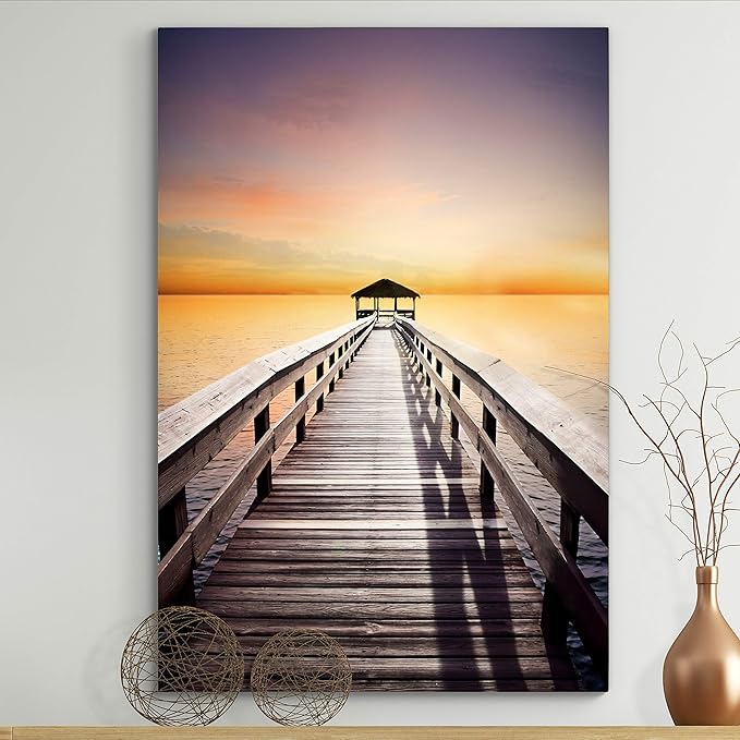 Renditions Gallery Canvas Nature Wall Art Home Paintings & Prints Serene Sunset Dock Romantic Glam Modern Wall Hanging Decorations for Bedroom Living Room Office Kitchen - 18"x27" LT06