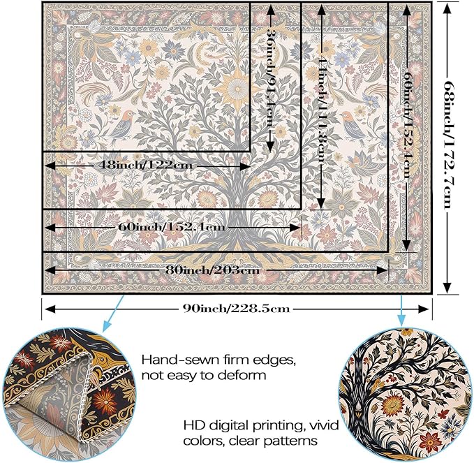 Lunerfex Folk Art Wall Tapestry - Tree of Life with Sun and Bird Wall Hanging for Bedroom and Living Room - Boho Floral Tapestries 60"x44"
