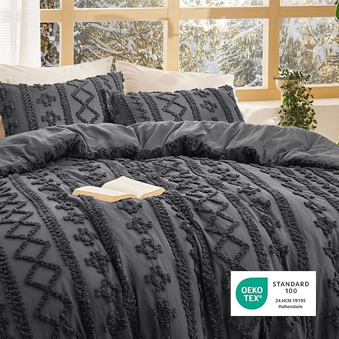 Bedsure Tufted Boho Comforter Set Queen Size - Dark Grey Boho Bed Set, GentleSoft™ 3 Pieces Farmhouse Shabby Chic Embroidery Bedding, Gifts for Woman, Soft Jacquard Queen Comforter for All Seasons