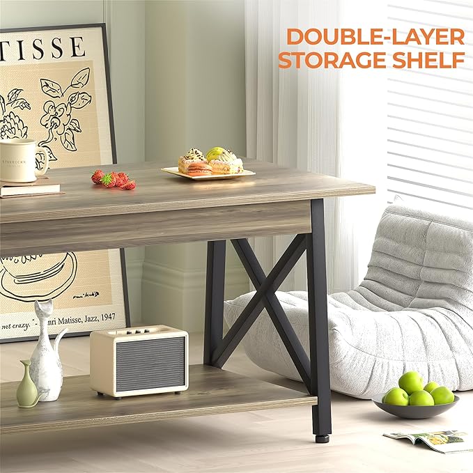 GreenForest Coffee Table with Storage, 43 inch Large Modern Coffee Tables for Living Room, X-Frame Design Farmhouse Coffee Table Space Saving Living Room Tables, Easy Assembly, Grey Wash