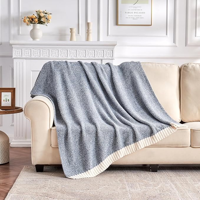 CozeCube Super Soft Fullfy Microfiber Reversible Knitted Blankets, Warm Cozy Fuzzy Plush Throw, Dusty Blue and White Melange Throw Blanket for Couch Bed Sofa, 60" x 80"