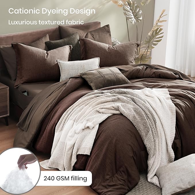 Monbix Full Size Comforter Set, Chocolate Brown Bedding Comforter for Full Size Bed Set Reversible, Bedding Sets Full 7 Pieces, Cationic Dyeing Bed in a Bag with Comforter, Sheets, Pillowcases & Shams
