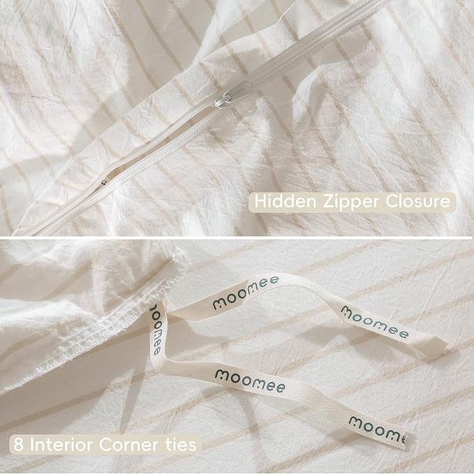 MooMee Striped Duvet Cover Set 100% Washed Cotton Linen Like Textured Breathable Durable Soft Comfy (White Almond Milk Grey Wide Stripes, Super Queen 90"x98")