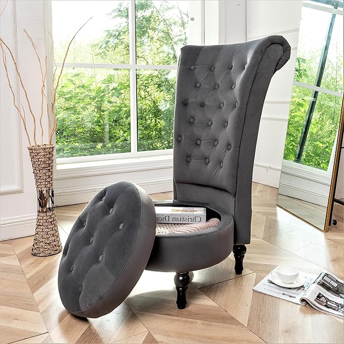 Royal High-Back Velvet Accent Chair for Vanity with Storage and Luxurious Upholstery, Retro Design and Versatile Usage for Livingroom, Bedroom, Lounge and Office, Grey