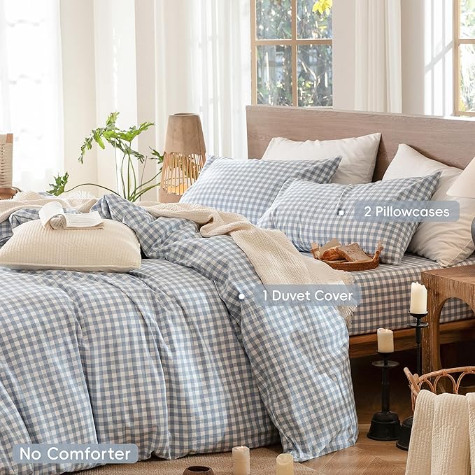 MooMee Gingham Duvet Cover Set 100% Washed Cotton Linen Like Textured Breathable Durable Soft Comfy Modern Checkered Design (Classic Gingham Cornflower Blue, Super King 108"x98")