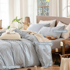 MooMee Gingham Duvet Cover Set 100% Washed Cotton Linen Like Textured Breathable Durable Soft Comfy Modern Checkered Design (Classic Gingham Cornflower Blue, Palatial King/Oversized King 120"x98")