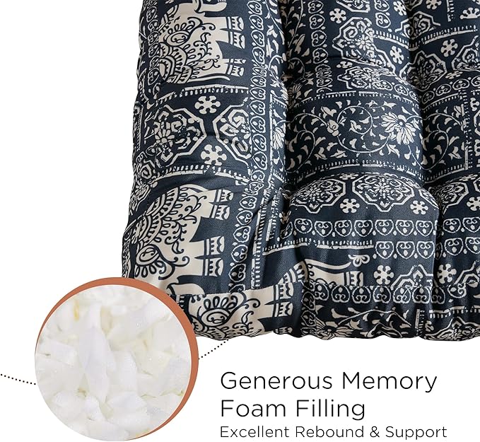 Codi Meditation Floor Pillow, Square Pillows Seating for Adults and Kids, Boho Cushion for Yoga Living Room Tatami Sitting, Memory Foam Added, 22x22 Inch, Indigo Elephant