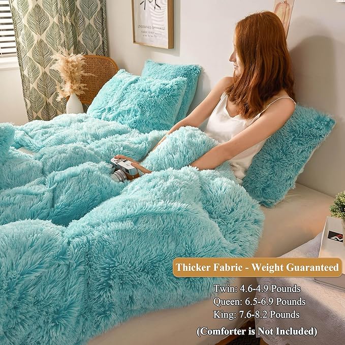XeGe Plush Shaggy Duvet Cover Set, Luxury Ultra Soft Crystal Velvet Fluffy Bedding Sets 3 Pieces(1 Furry Faux Fur Comforter Cover + 2 Fuzzy Faux Fur Pillow Cases), Zipper Closure(Queen, Aqua Ombre)