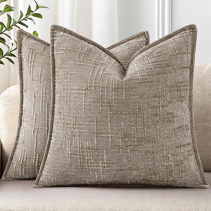 decorUhome Chenille Throw Pillow Covers 16x16 Set of 2, Thick Textured Slubby Neutral Decorative Pillow Covers with Elegant Design for Couch, Sofa, Living Room, Oatmeal