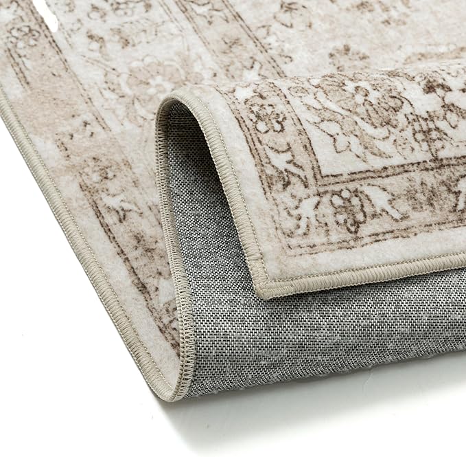 Taupe Area Rug 2x3 Washable Vintage Entryway Carpet Non Slip Retro Distressed Door Mat Low Pile Soft Oriental Medallion Thin Small Throw Rug for Kitchen Bedroom Office Bathroom Laundry
