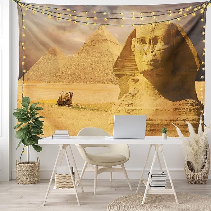 Ambesonne Egyptian Print Tapestry King Size, Sphinx Face Other Pyramids in Egypt Old Historical Monument, Wall Hanging Bedspread Bed Cover Wall Decor, 104" X 88", Amber Sand Brown