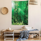 Ambesonne Forest Tapestry Twin Size, Sun Rays Bursting into the Forest Trees Foliage Misty Morning Serenity Picture, Wall Hanging Bedspread Bed Cover Wall Decor, 68" X 88", White and Green