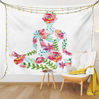 Ambesonne Yoga Tapestry, Silhouette in Lotus Pose with Blooming Watercolor Flowers Green Leaves Body and Mind, Wide Wall Hanging for Bedroom Living Room Dorm, 80" X 60", Blue Pink