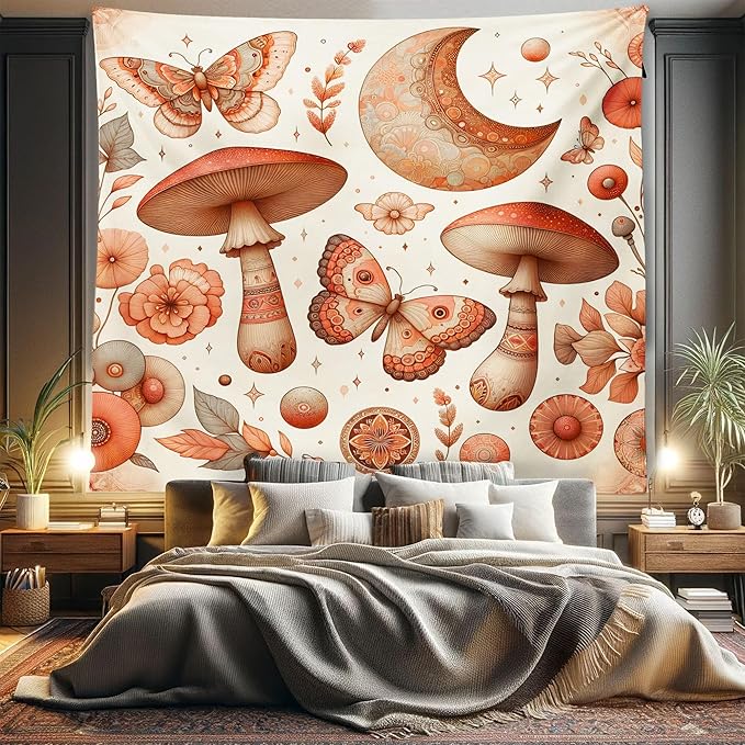 Ambesonne Mandala Tapestry King Size, Medieval Witchcore Art Mushroom Butterfly and Crescent with Leafy Details, Wall Hanging Bedspread Bed Cover Wall Decor, 104" X 88", Dark Salmon Eggshell