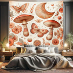 Ambesonne Mandala Tapestry King Size, Medieval Witchcore Art Mushroom Butterfly and Crescent with Leafy Details, Wall Hanging Bedspread Bed Cover Wall Decor, 104" X 88", Dark Salmon Eggshell