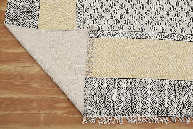 Kilim Rug 9x12 Area Rug Beige & Black Cotton Dhurrie Oriental Thick 0.19 inches Stone Easy Washable Rug Hand Wash Cotton Carpet Flatweave Rug Indoor Outdoor Rugs for Living Room, Bedroom