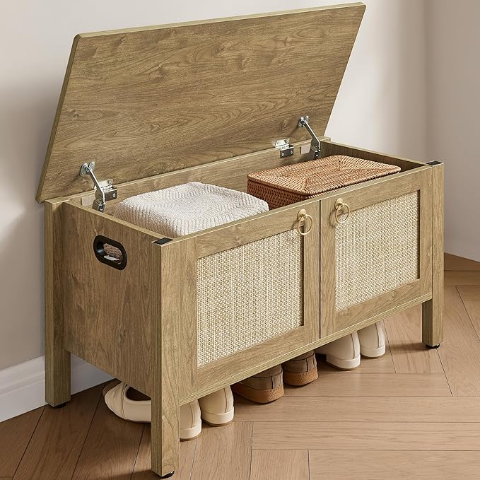 SICOTAS Rattan Shoe Rack Bench with Lift Top Storage: Farmhouse Boho Wide Shoe Cabinet Entryway Bench with Safety Hinges, Wooden Storage Chest for Bedroom, Entryway, Hallway, Living Room