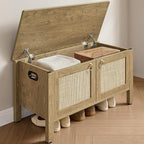 SICOTAS Rattan Shoe Rack Bench with Lift Top Storage: Farmhouse Boho Wide Shoe Cabinet Entryway Bench with Safety Hinges, Wooden Storage Chest for Bedroom, Entryway, Hallway, Living Room