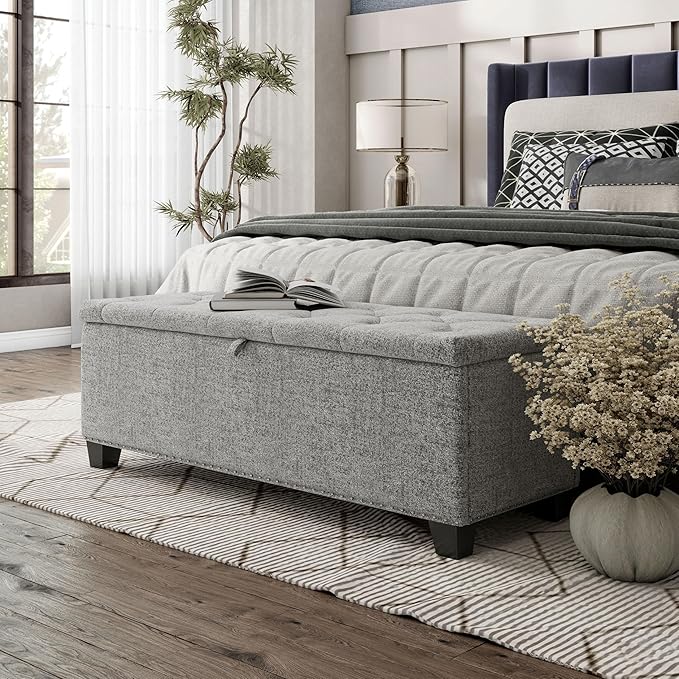 24/7 Shop at Home Sacallant Modern Linen Storage Bench with Button-Tufted Lift-Top, Upholstered Footstool, Rectangular Ottoman for Living Room, Bedroom, Entryway, Light Grey