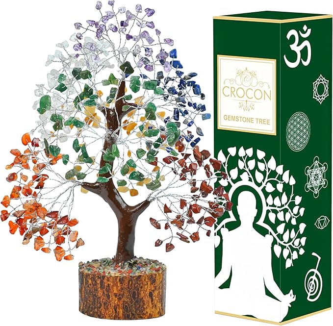Crocon Seven Chakra Gemstone Tree Feng Shui Figurine Money Bonsai Good Luck Reiki Healing Crystals Balancing Decoration Ornament Sculpture Wealth Prosperity Table Room Decor Gift Size 10-12"