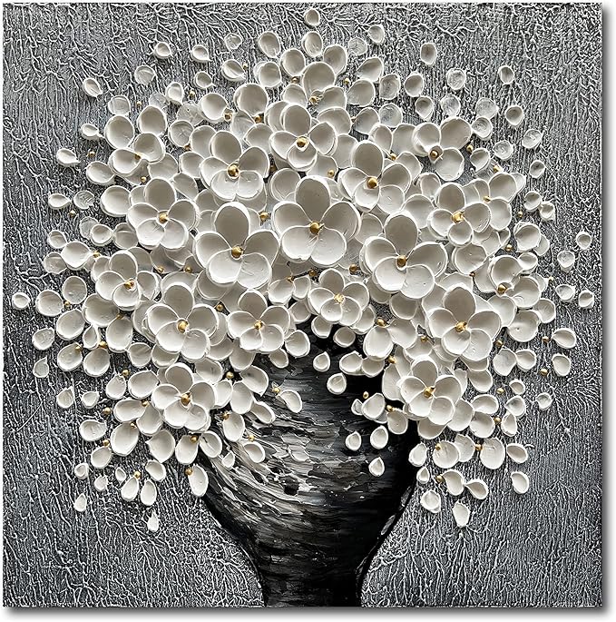 White Flower Oil Painting Modern Abstract Art Oil Painting Home Bedroom, Dining Room, Living Room, Office Wall Decoration (20x20 inches)