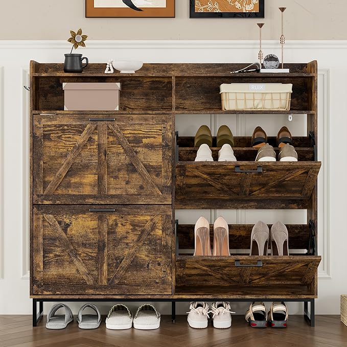 Shoe Cabinet with 4 Flip Drawers Narrow Shoe Storage Cabinet Organizer Wooden Freestanding Shoe Rack Hidden Slim Shoes Storage Cabinet for Entryway, Hallway, Living Room, Bedroom