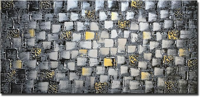 MyArton Large Thick Abstract Dark Silver add Golden Square Wall Art Hand Painted Artwork Textured Oil Painting on Canvas Framed Ready to Hang 60x30inch