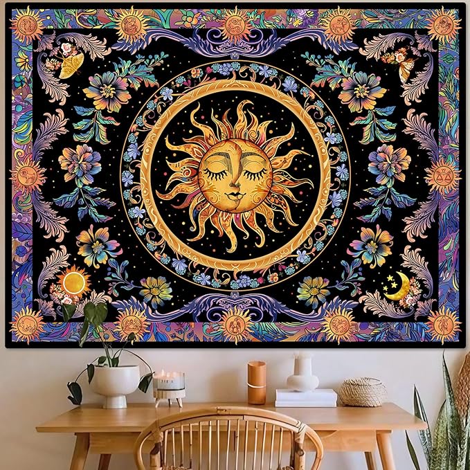 Accnicc Sun and Moon Tapestry Psychedelic Floral Plant Tapestries for Bedroom Aesthetic Hippie Boho Flower Tapestry Wall Hanging for Dorm Living Room (90'' × 68'')
