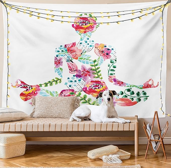 Ambesonne Yoga Tapestry, Silhouette in Lotus Pose with Blooming Watercolor Flowers Green Leaves Body and Mind, Wide Wall Hanging for Bedroom Living Room Dorm, 80" X 60", Blue Pink