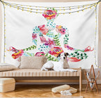 Ambesonne Yoga Tapestry, Silhouette in Lotus Pose with Blooming Watercolor Flowers Green Leaves Body and Mind, Fabric Wall Hanging Decor for Bedroom Living Room Dorm, 45" X 30", Blue Pink