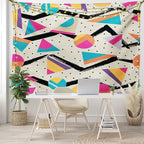 Ambesonne Indie Tapestry King Size, Eighties Memphis Fashion Style Geometric Abstract Colorful Design Dots Funky, Wall Hanging Bedspread Bed Cover Wall Decor, 104" X 88", Cream Pink