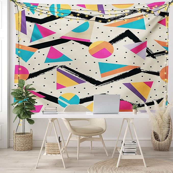 Ambesonne Indie Tapestry King Size, Eighties Memphis Fashion Style Geometric Abstract Colorful Design Dots Funky, Wall Hanging Bedspread Bed Cover Wall Decor, 104" X 88", Cream Pink