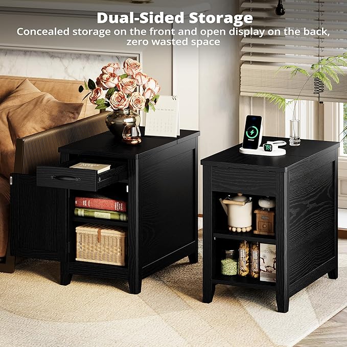 IRONCK End Table with Charging Station, Narrow Side Table for Living Room, Farmhouse Night Stand for Bedroom, Bedside Table with Storage and Drawer for Home, Black