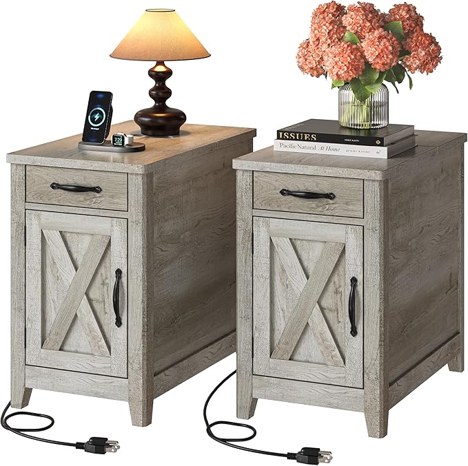 IRONCK End Table with Charging Station, Narrow Side Table for Living Room, Night Stand Set of 2 with Drawer and Cup Holder, Farmhouse Bedside Table with USB Ports and Outlets for Home, Beige Maple