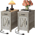 IRONCK End Table with Charging Station, Narrow Side Table for Living Room, Night Stand Set of 2 with Drawer and Cup Holder, Farmhouse Bedside Table with USB Ports and Outlets for Home, Beige Maple