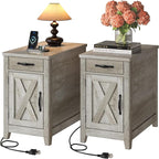 IRONCK End Table with Charging Station, Narrow Side Table for Living Room, Night Stand Set of 2 with Drawer and Cup Holder, Farmhouse Bedside Table with USB Ports and Outlets for Home, Beige Maple