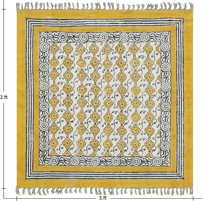 Area Rug 4' Square Rug Yellow & Beige Cotton Dhurrie Oriental Thick 0.19 inches Stone Easy Washable Rug Hand Wash Cotton Carpet Flatweave Rug Indoor Outdoor Rugs for Kitchen, Bedside, Enterway