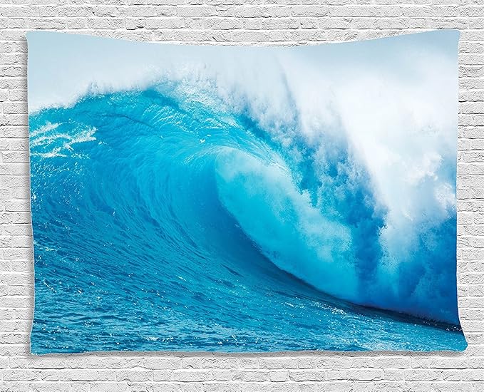 Ambesonne Ocean Tapestry, Wavy Ocean Adventurous Surfing Extreme Water Sports Summer Holiday Destination Print, Wide Wall Hanging for Bedroom Living Room Dorm, 80" X 60", Aqua White