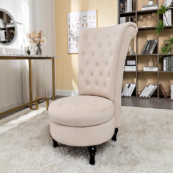 Royal High-Back Velvet Accent Chair for Vanity with Storage and Luxurious Upholstery, Retro Design and Versatile Usage for Living Room, Bedroom, Lounge and Office, Ivory
